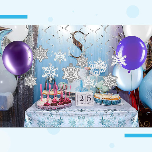 Frozen Birthday Party Supplies Frozen Balloons Snowflake Tablecloth Snowflake Hanging Swirl Decorations for Frozen Party