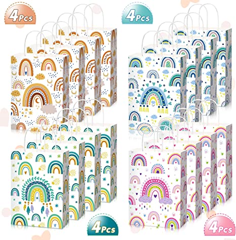 16 Pieces Boho Rainbow Gift Bags with Handles Boho Party Supplies