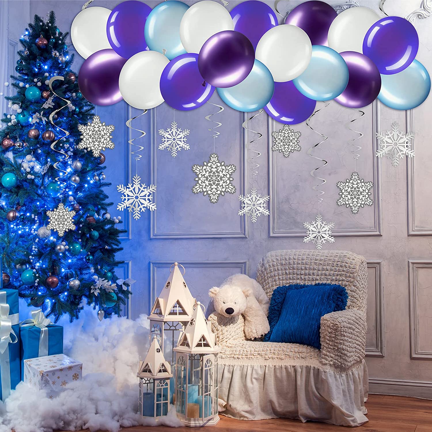 Frozen Birthday Party Supplies Frozen Balloons Snowflake Tablecloth Snowflake Hanging Swirl Decorations for Frozen Party