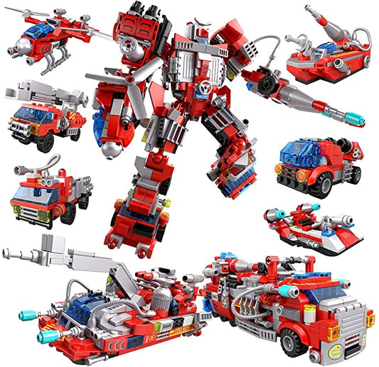 STEM Building Toys for Kids 9 in 1 Fire Robot Building Toy, Build Brick Set Rescue Helicopter Boat