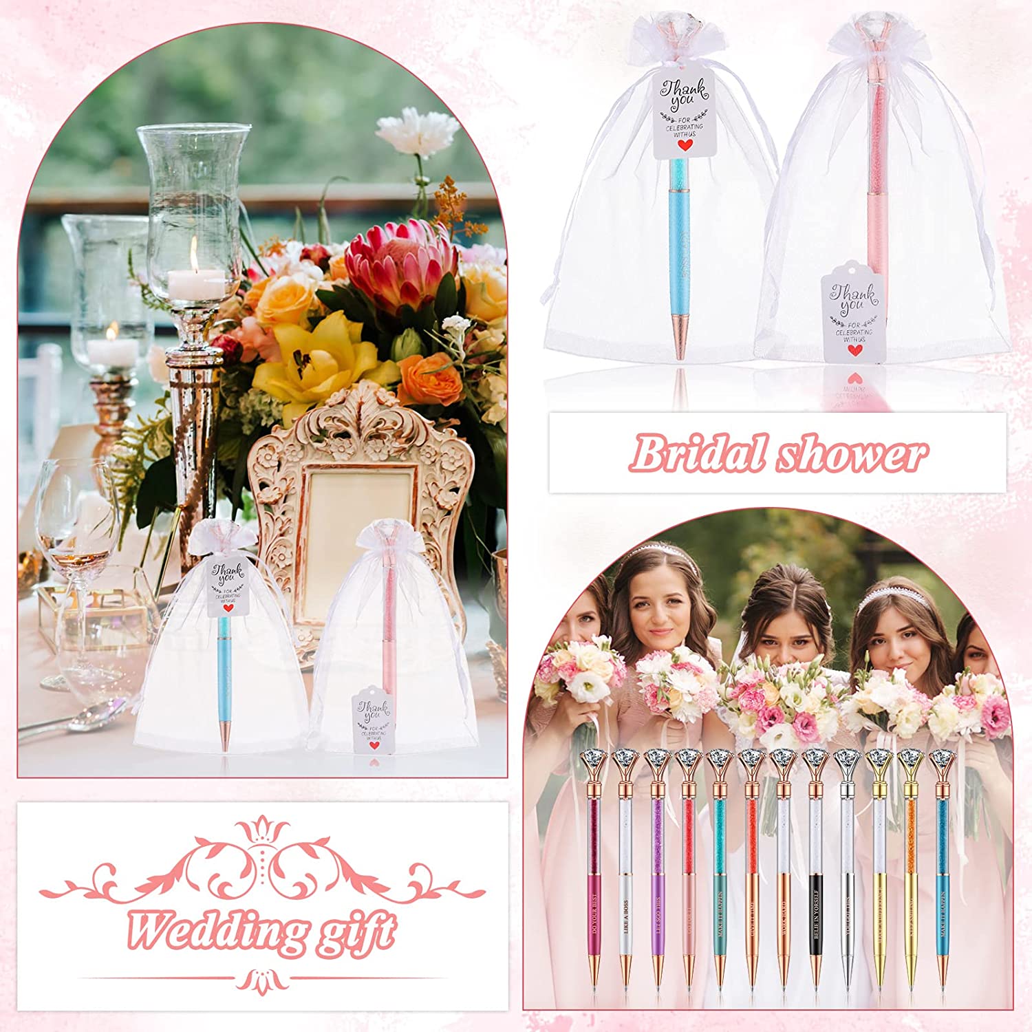 12 Pcs Bling Bling Inspirational Crystal Pen Set Ballpoint Pen Black Ink Gift Pen with Tag Bag