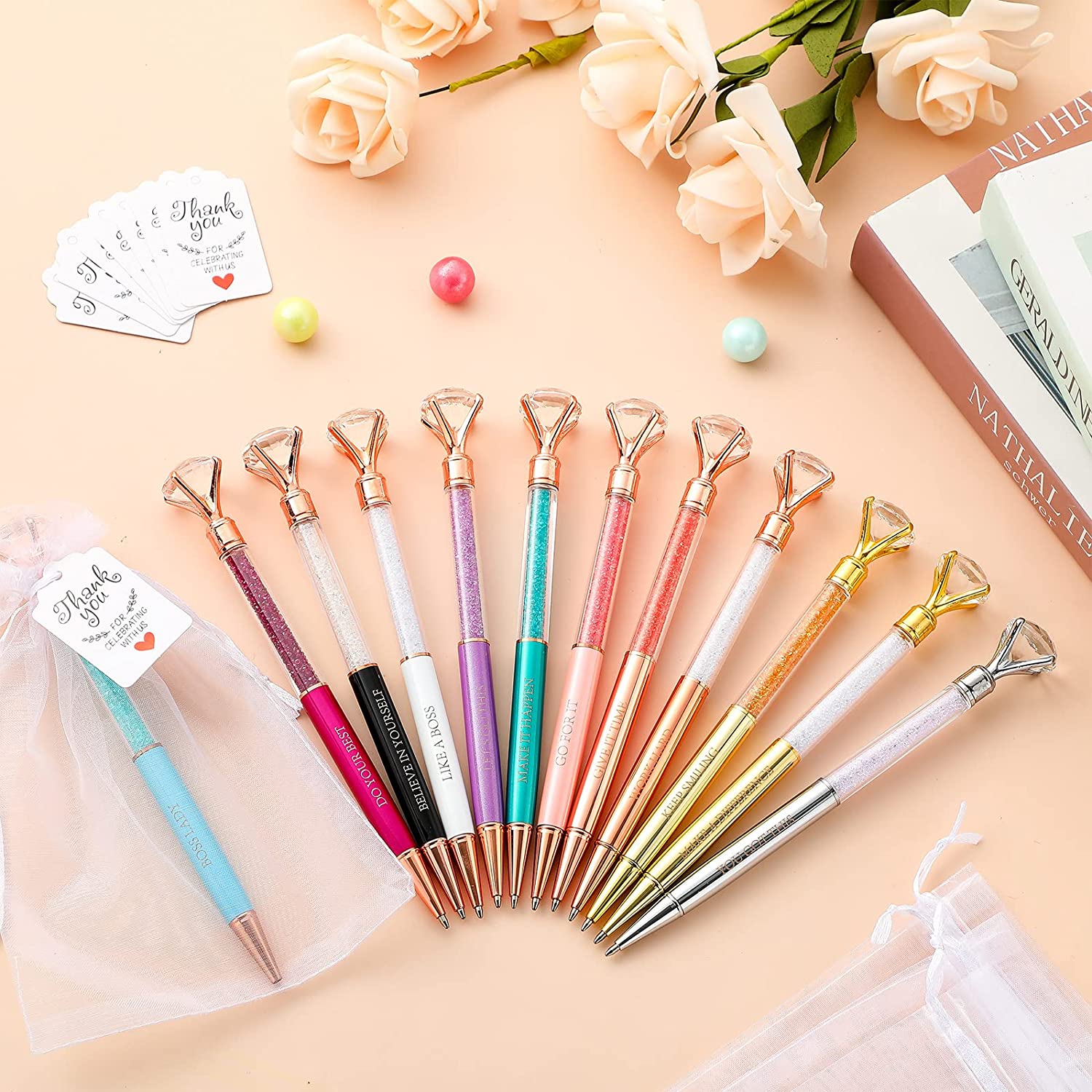 12 Pcs Bling Bling Inspirational Crystal Pen Set Ballpoint Pen Black Ink Gift Pen with Tag Bag