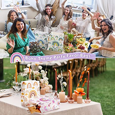 16 Pieces Boho Rainbow Gift Bags with Handles Boho Party Supplies