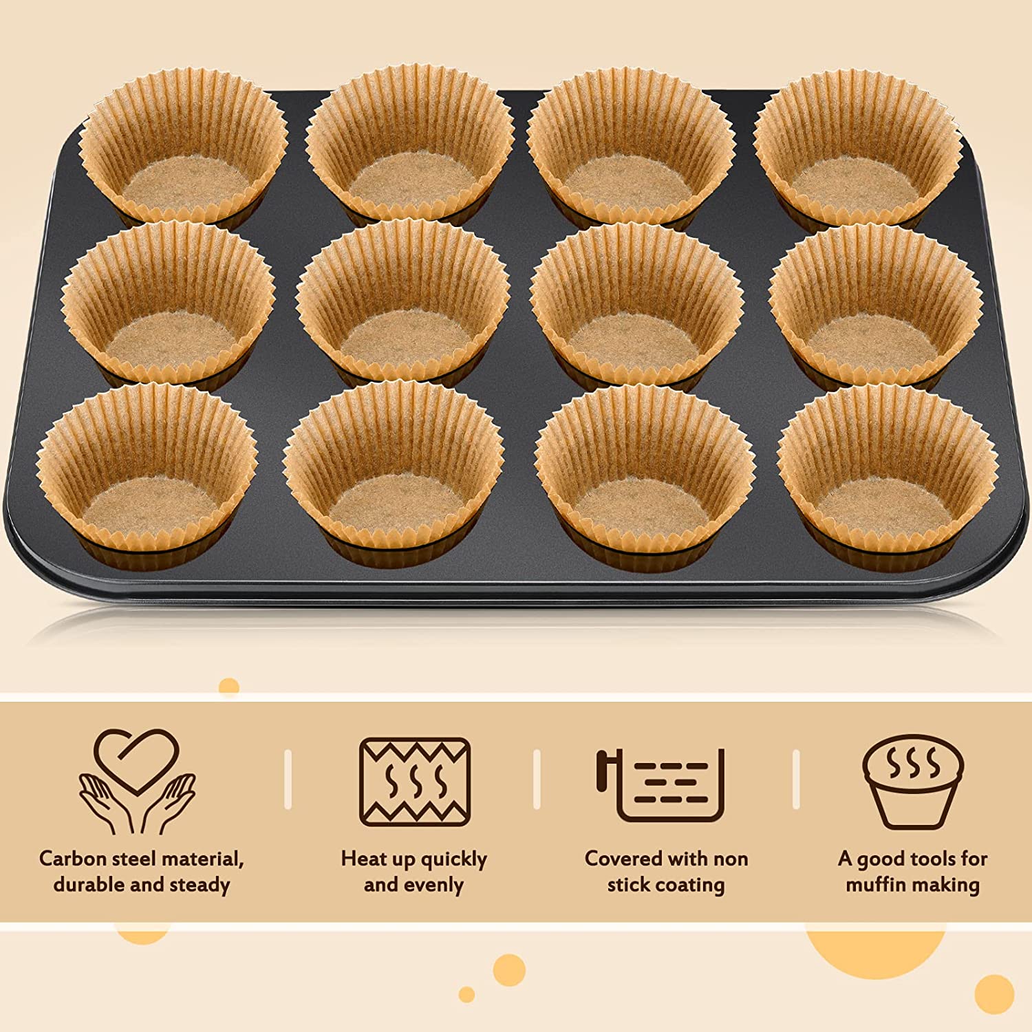 2 Pieces Non Stick 12 Cupcake Pan 200 Pieces Standard Size Baking Cups Greaseproof