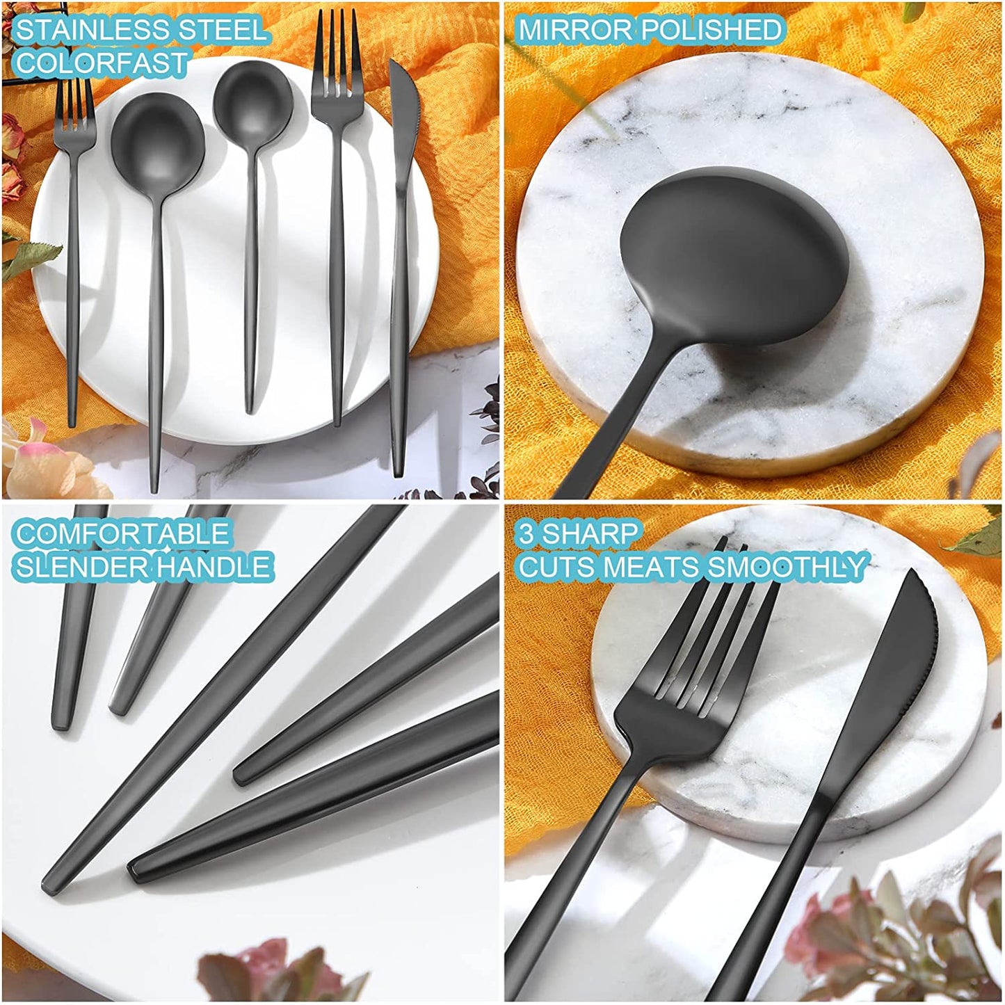 60 Pieces Black Stainless Steel Flatware Spoon Fork Knives Set