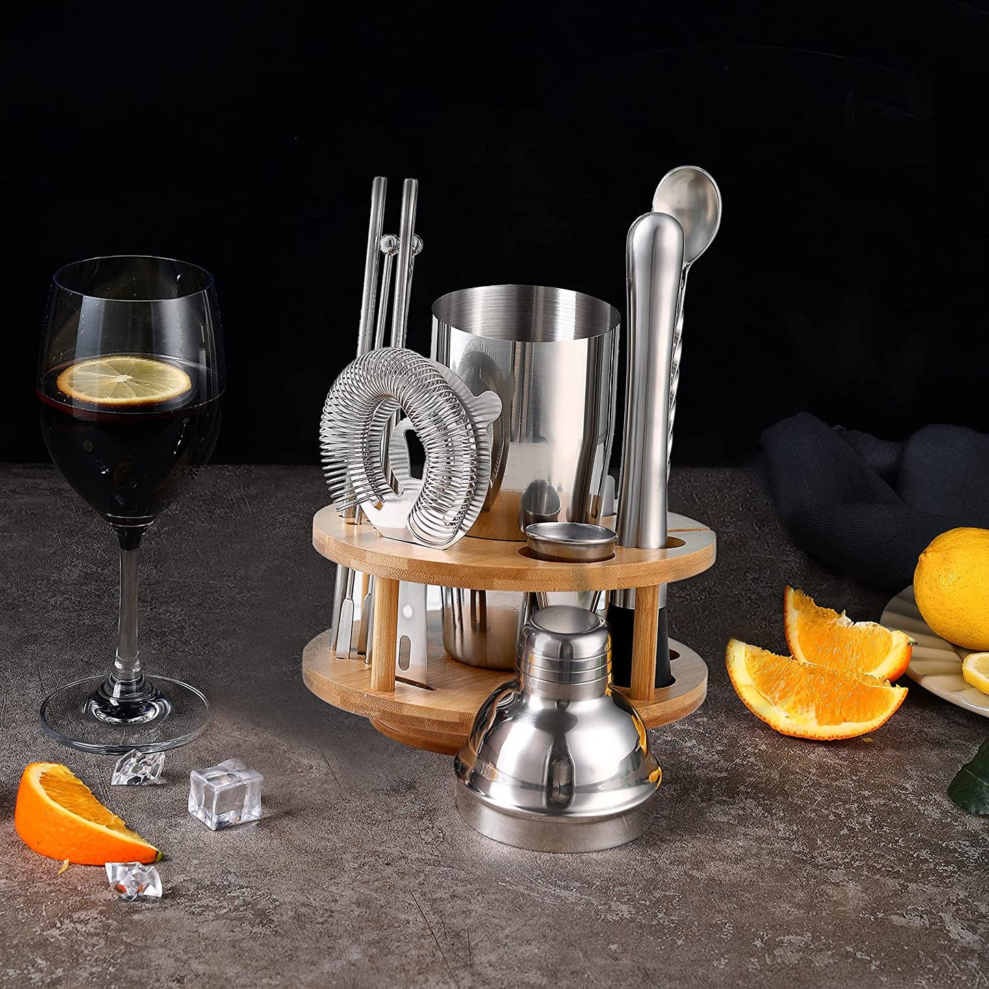 Cocktail Shaker Set 14-Pcs Stainless Steel Bartender Kit with Rotating Bamboo Display Stand