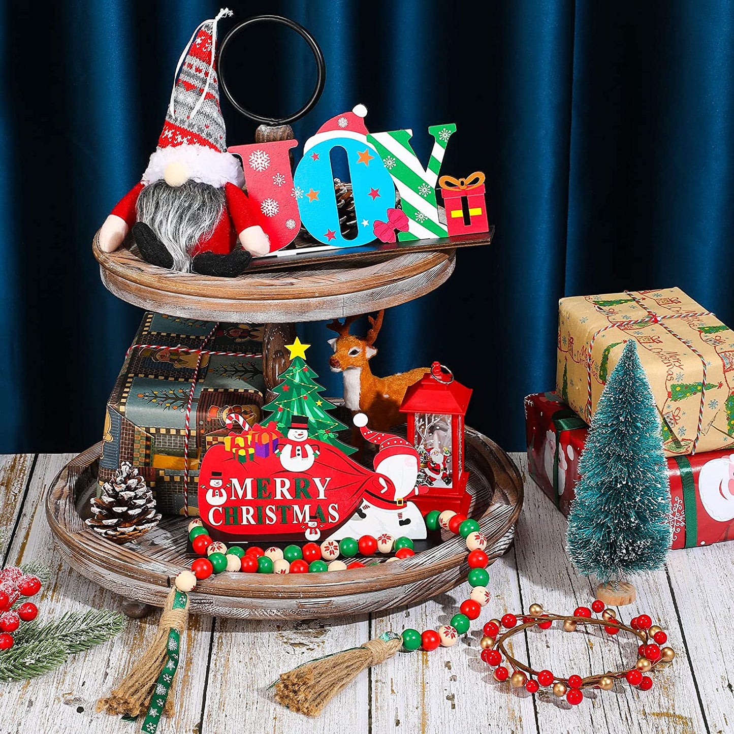 Christmas Tiered Tray Decoration Set Wood Table Centerpiece Signs Gnomes