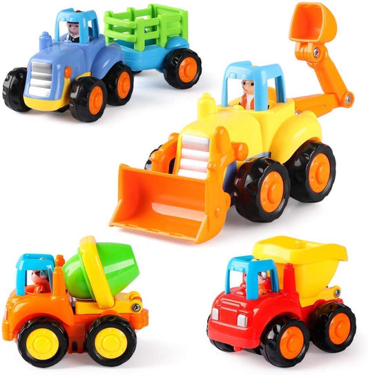 4 Pack Friction Powered Cars Construction Vehicles Toy Set Cartoon Push and Go Car Tractor, Bulldozer, Cement Mixer Truck, Dumper