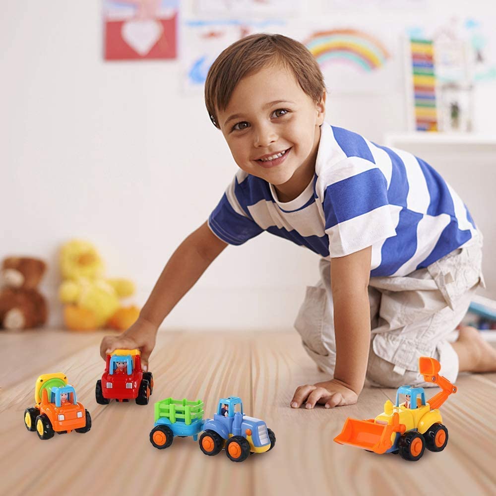 4 Pack Friction Powered Cars Construction Vehicles Toy Set Cartoon Push and Go Car Tractor, Bulldozer, Cement Mixer Truck, Dumper