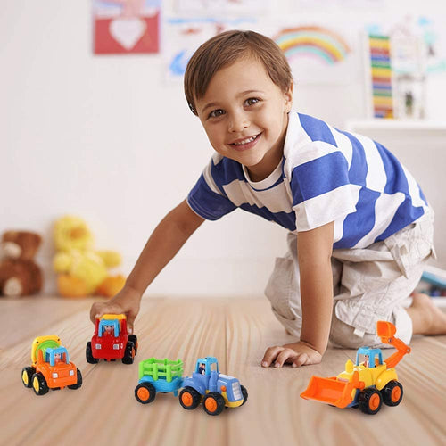 4 Pack Friction Powered Cars Construction Vehicles Toy Set Cartoon Push and Go Car Tractor, Bulldozer, Cement Mixer Truck, Dumper
