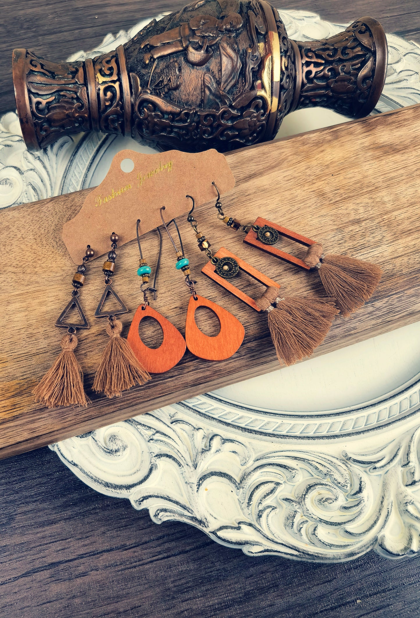 LE03 Wooden Tribal Style Boho Earrings Lightweight