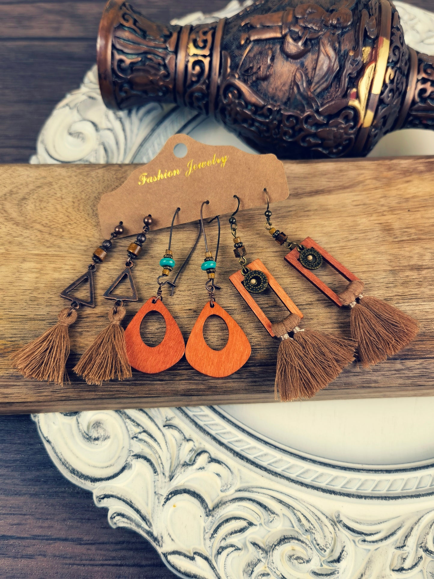 LE03 Wooden Tribal Style Boho Earrings Lightweight