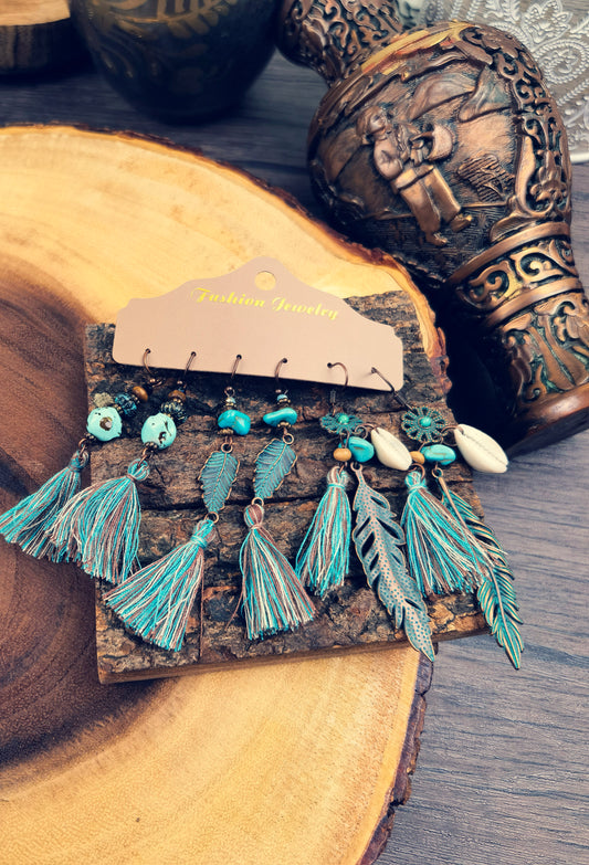 TTE03 Teal Tribal Style Boho Earrings