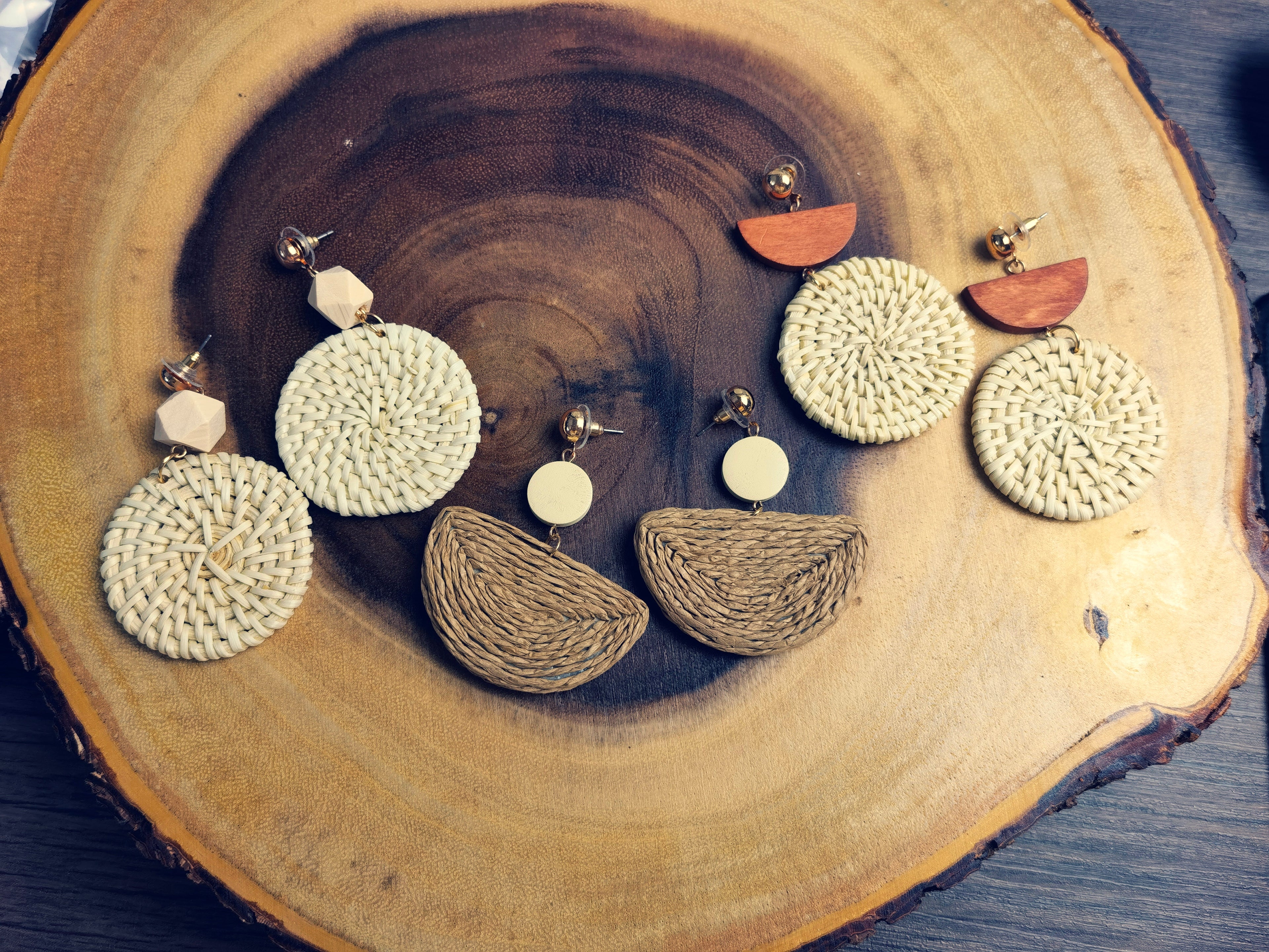 BZE03  Handmade Woven Geometric Straw Earrings