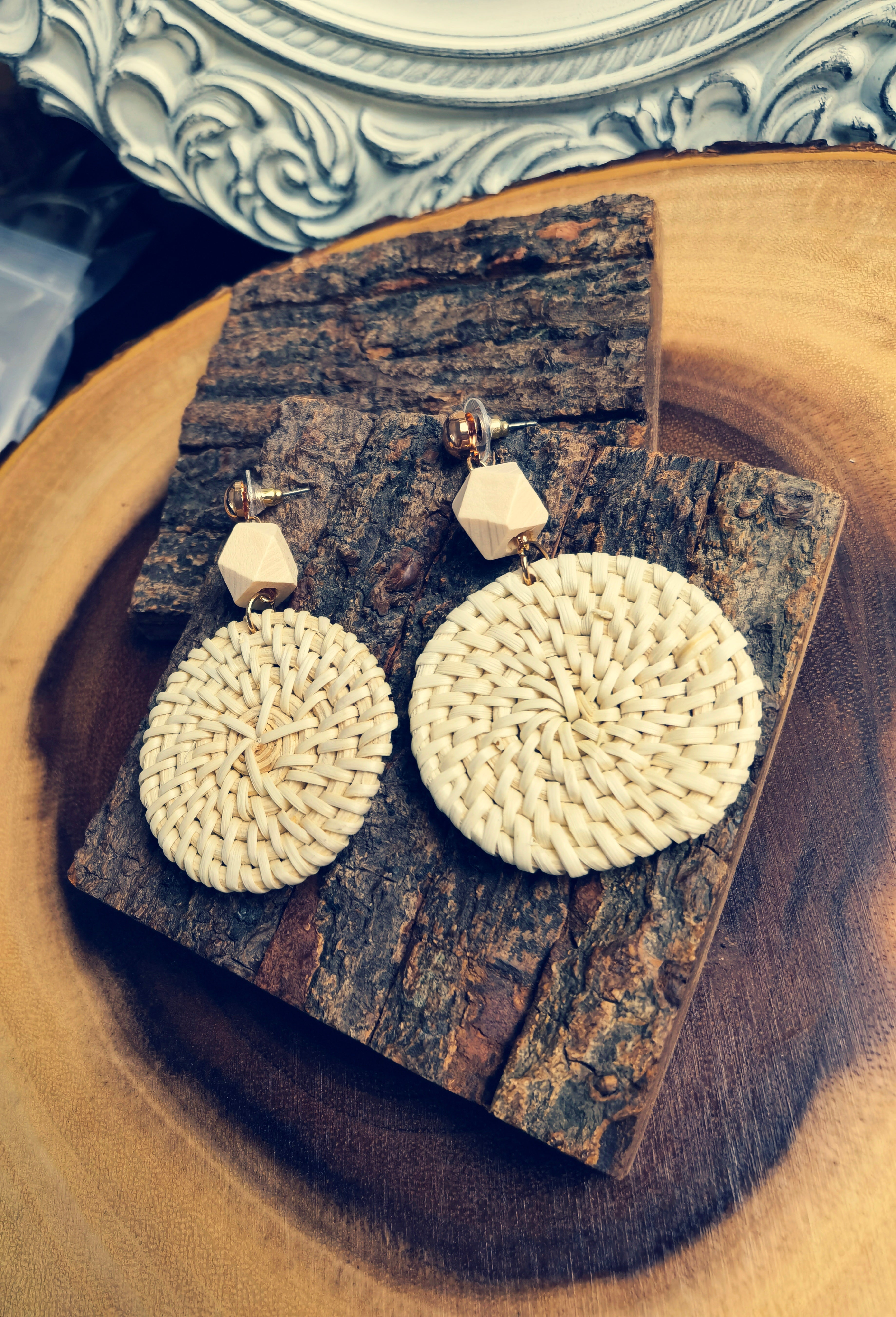 BZE03  Handmade Woven Geometric Straw Earrings