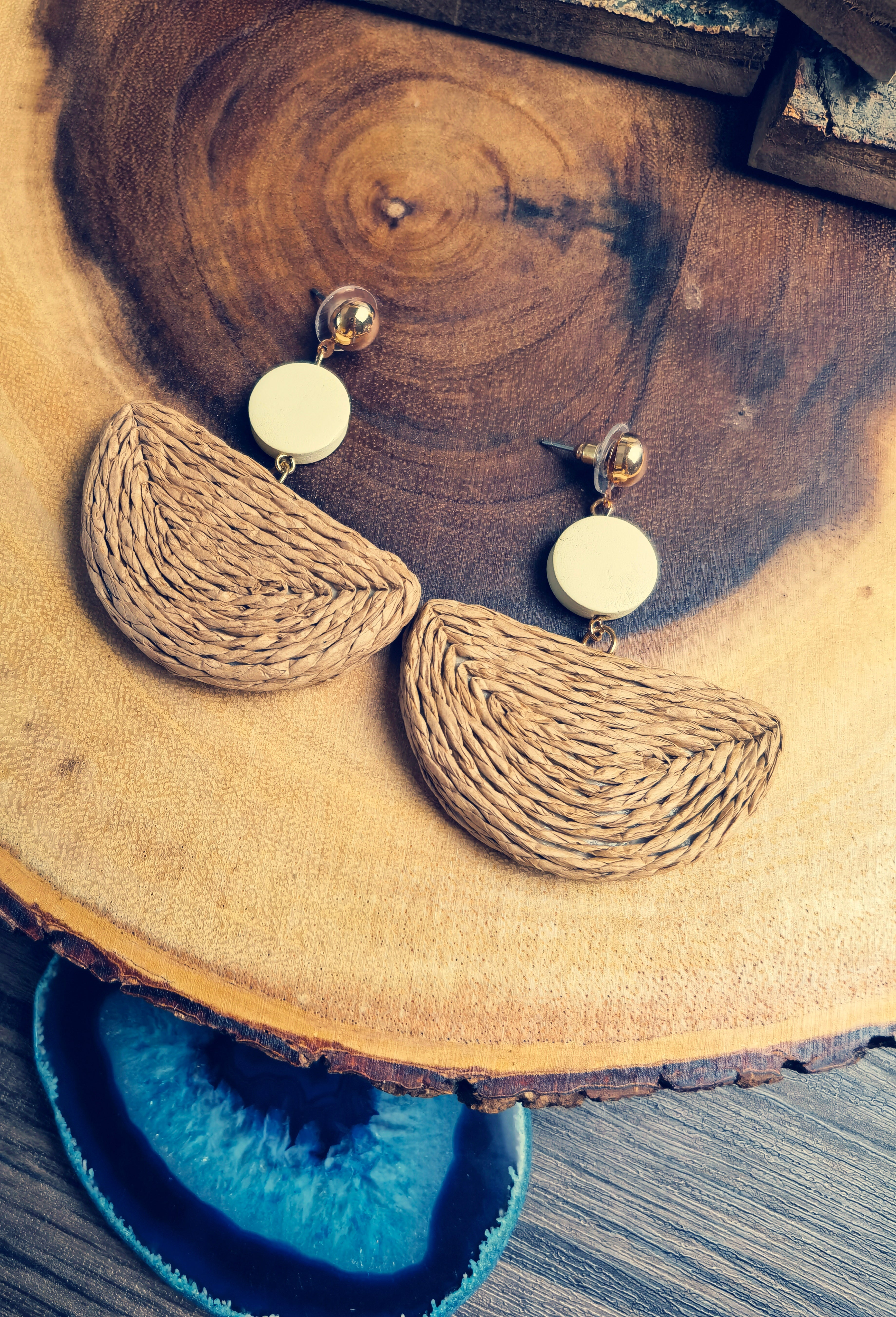 BZE03  Handmade Woven Geometric Straw Earrings