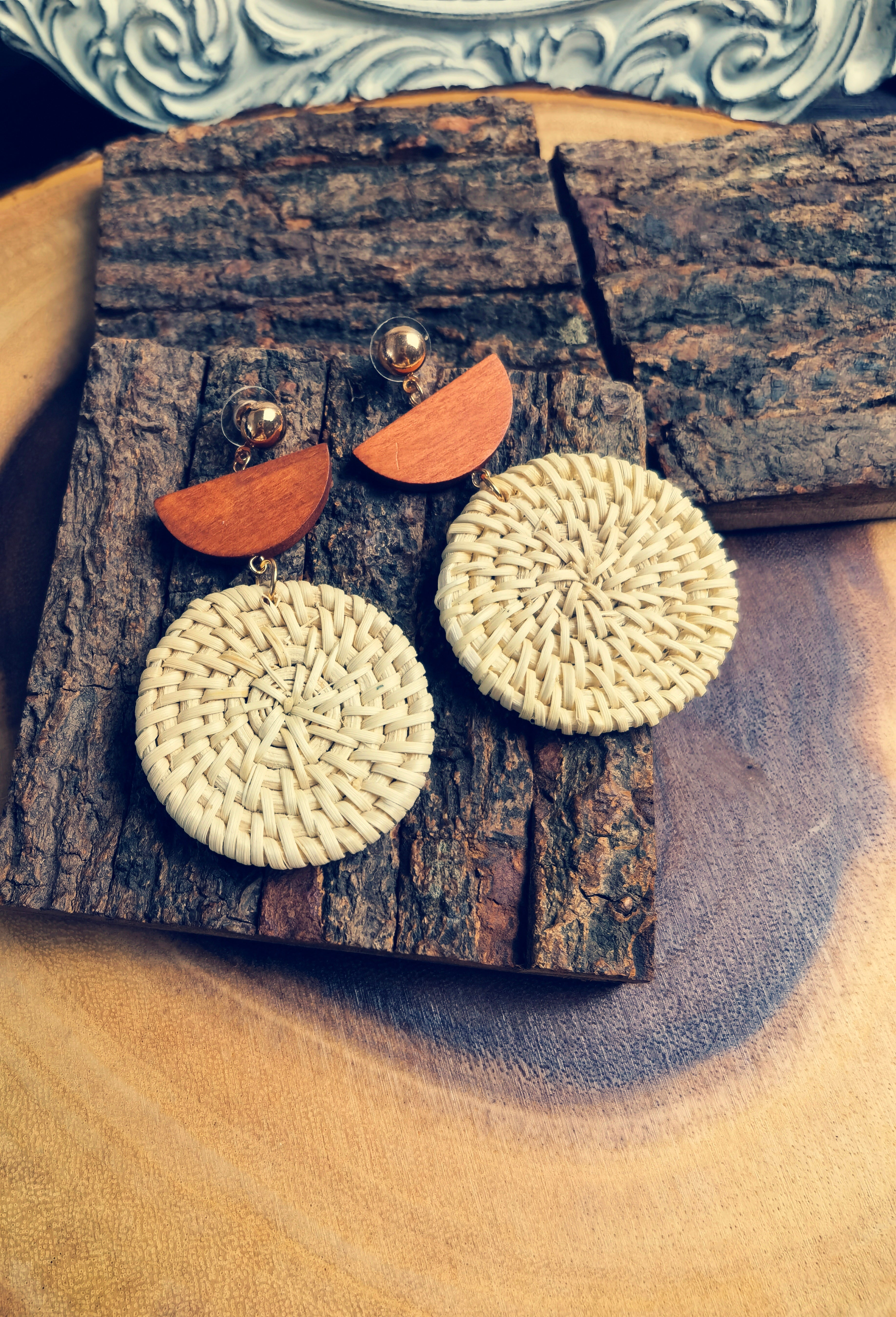 BZE03  Handmade Woven Geometric Straw Earrings
