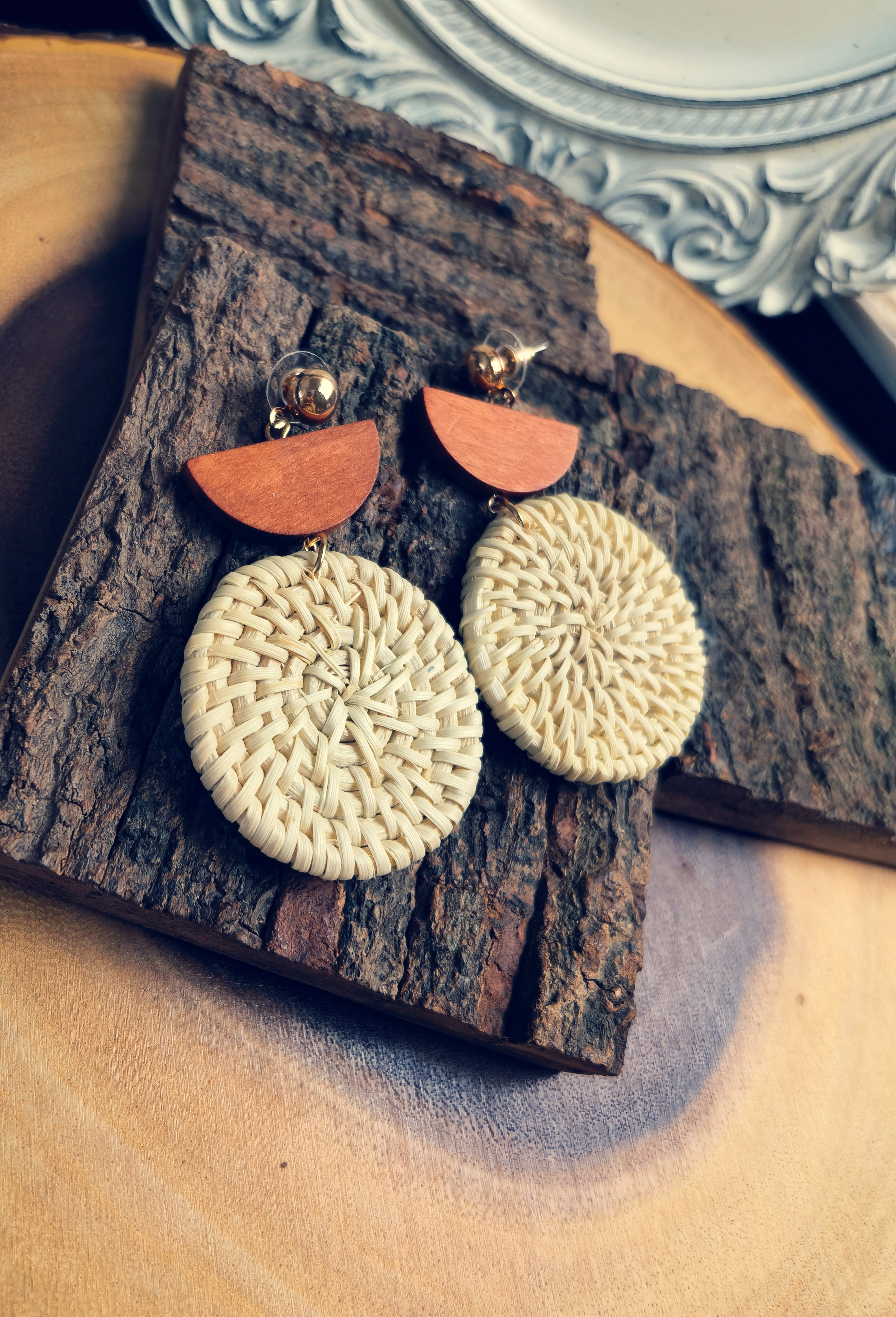 BZE03  Handmade Woven Geometric Straw Earrings