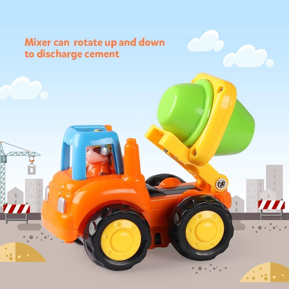 4 Pack Friction Powered Cars Construction Vehicles Toy Set Cartoon Push and Go Car Tractor, Bulldozer, Cement Mixer Truck, Dumper