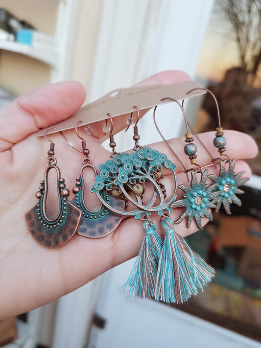 Teal Vintage Boho Drop Dangle Earrings 3 Pairs Set BE03