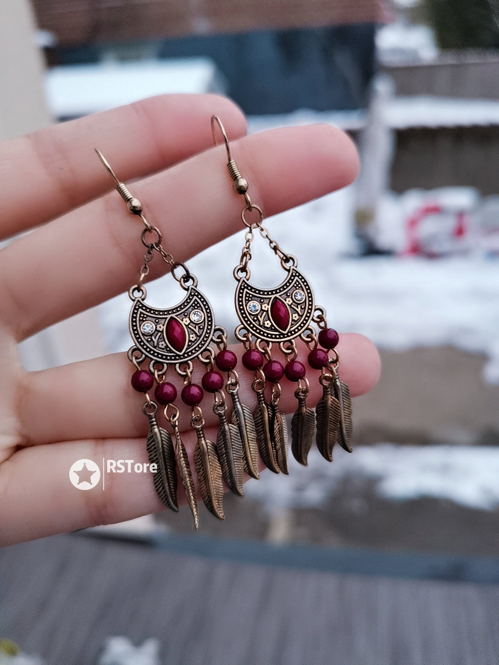 RRE02 Ruby Red Tribal Bohemian Earrings