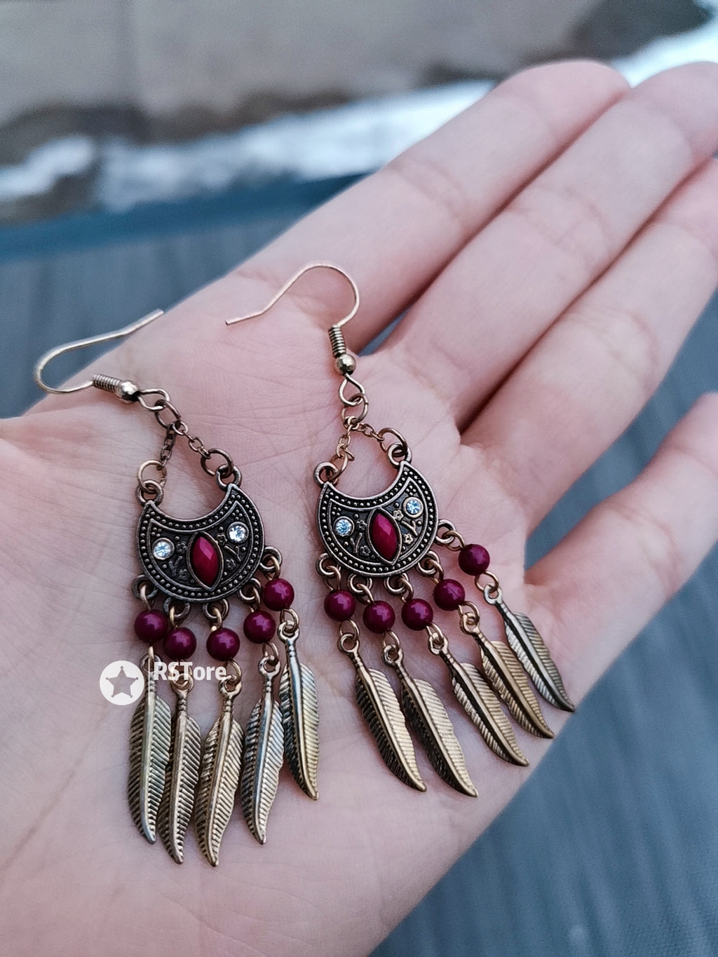 RRE02 Ruby Red Tribal Bohemian Earrings