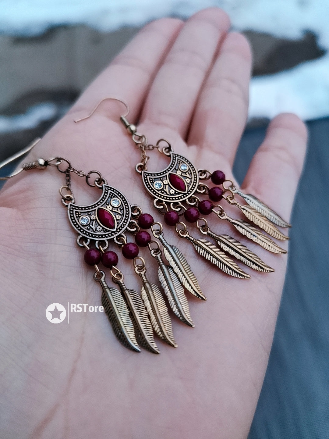 RRE02 Ruby Red Tribal Bohemian Earrings