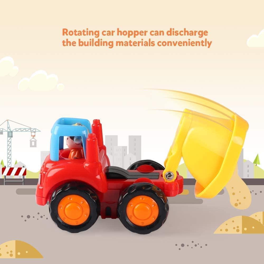 4 Pack Friction Powered Cars Construction Vehicles Toy Set Cartoon Push and Go Car Tractor, Bulldozer, Cement Mixer Truck, Dumper