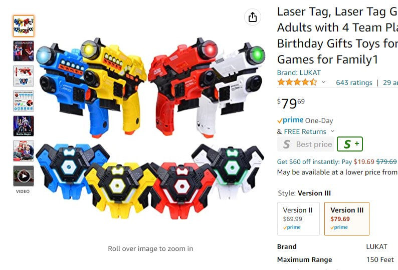 Laser Tag Guns Set of 4, Laser Tag Set for Kids Adults with 4 Team Player, Spray Function, Christmas Birthday Gifts Toys