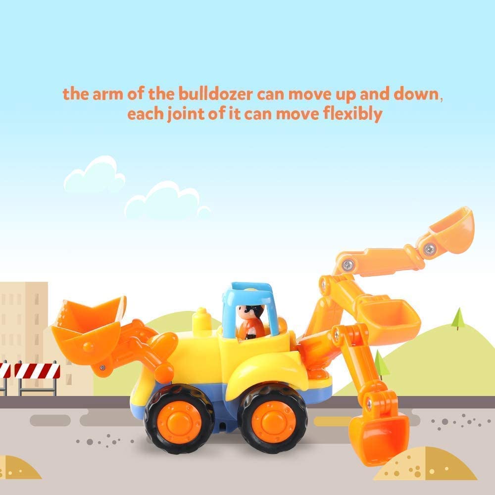 4 Pack Friction Powered Cars Construction Vehicles Toy Set Cartoon Push and Go Car Tractor, Bulldozer, Cement Mixer Truck, Dumper