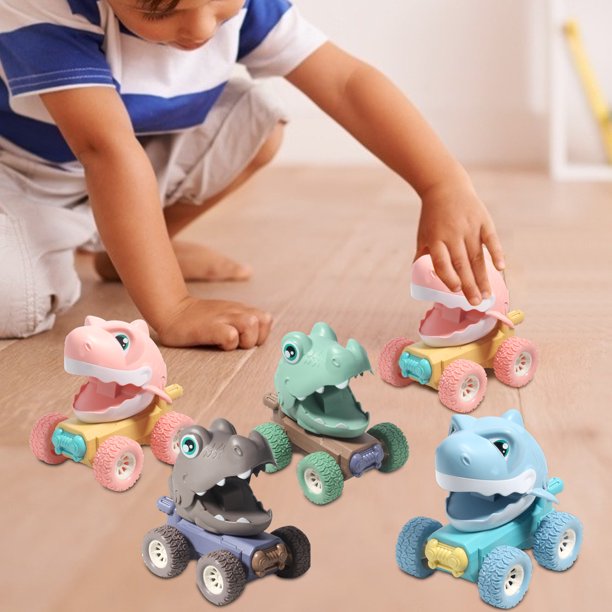 4 Pack Press and Go Baby Dinosaur Shark Toy Cars