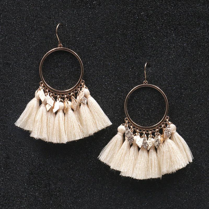 SUMMER BEACH White Tassel Hoop Dangle Earrings OWE02