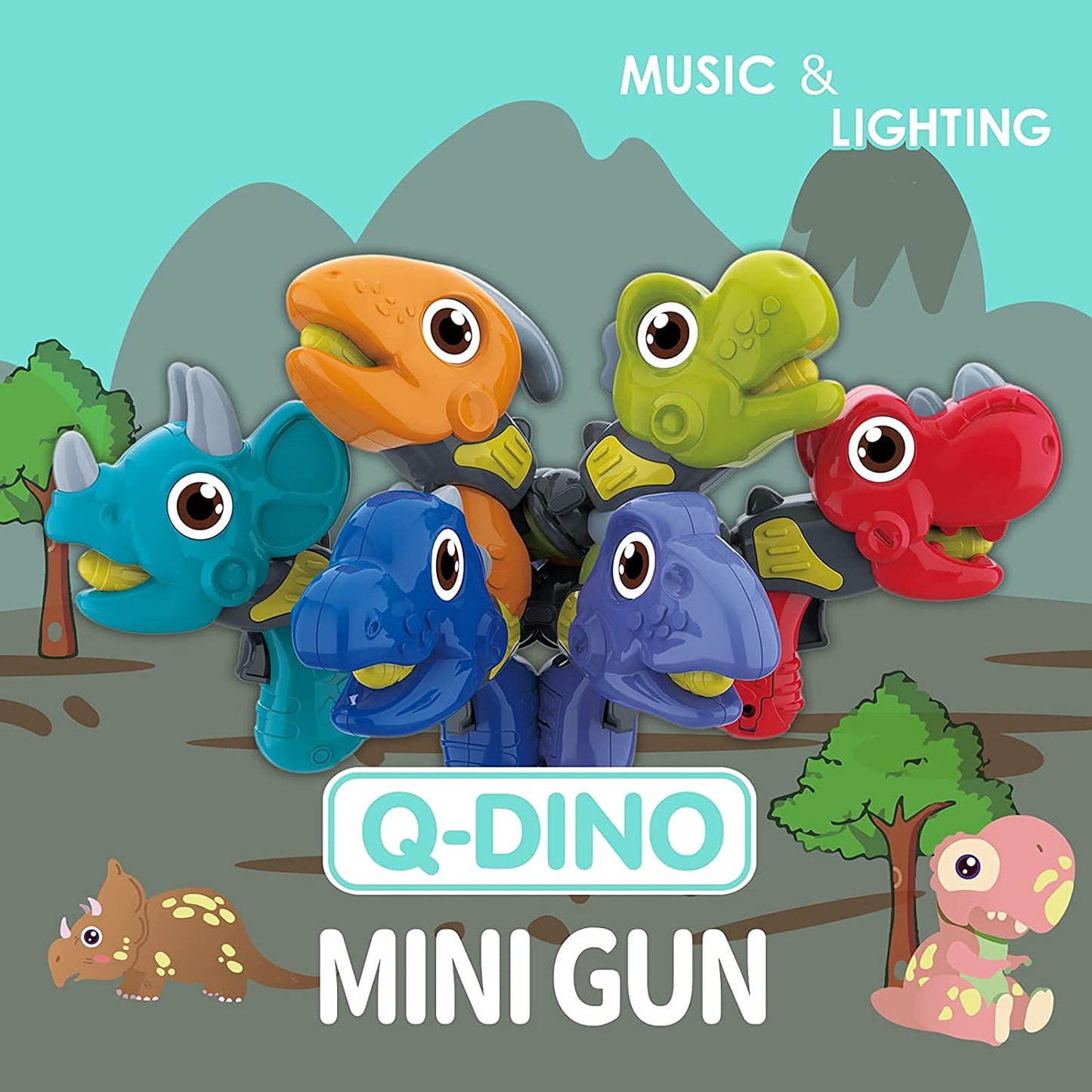 ON SALE!!! 6 Pack Dinosaur Mini Gun Toy Set with Light and Music - 6 Different Colors