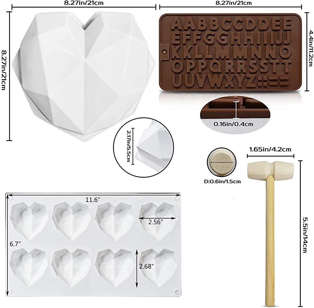 Breakable Heart Mold 8 Cavities Diamond Heart Silicone Chocolate Molds 2x Hammers Letter and Number