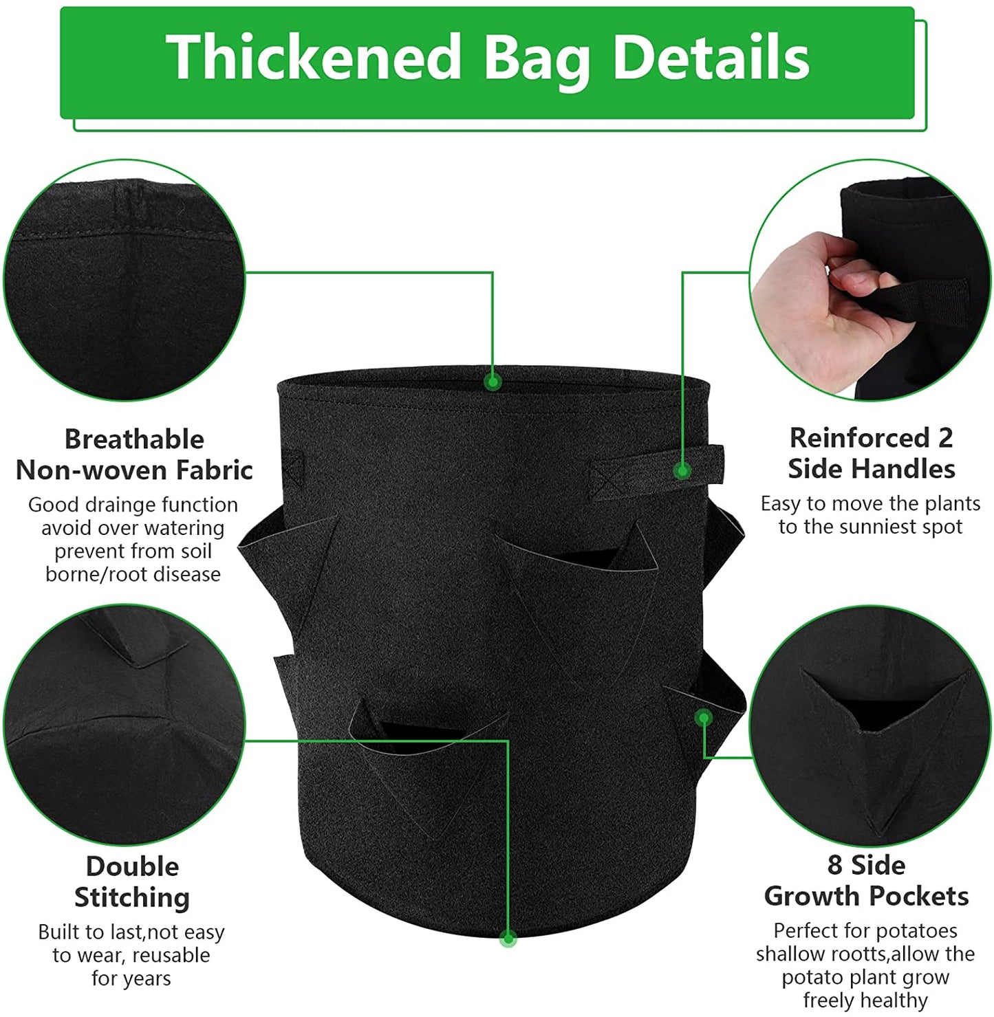 3 Pack Heavy Duty 10-Gallon Garden Growing Bags